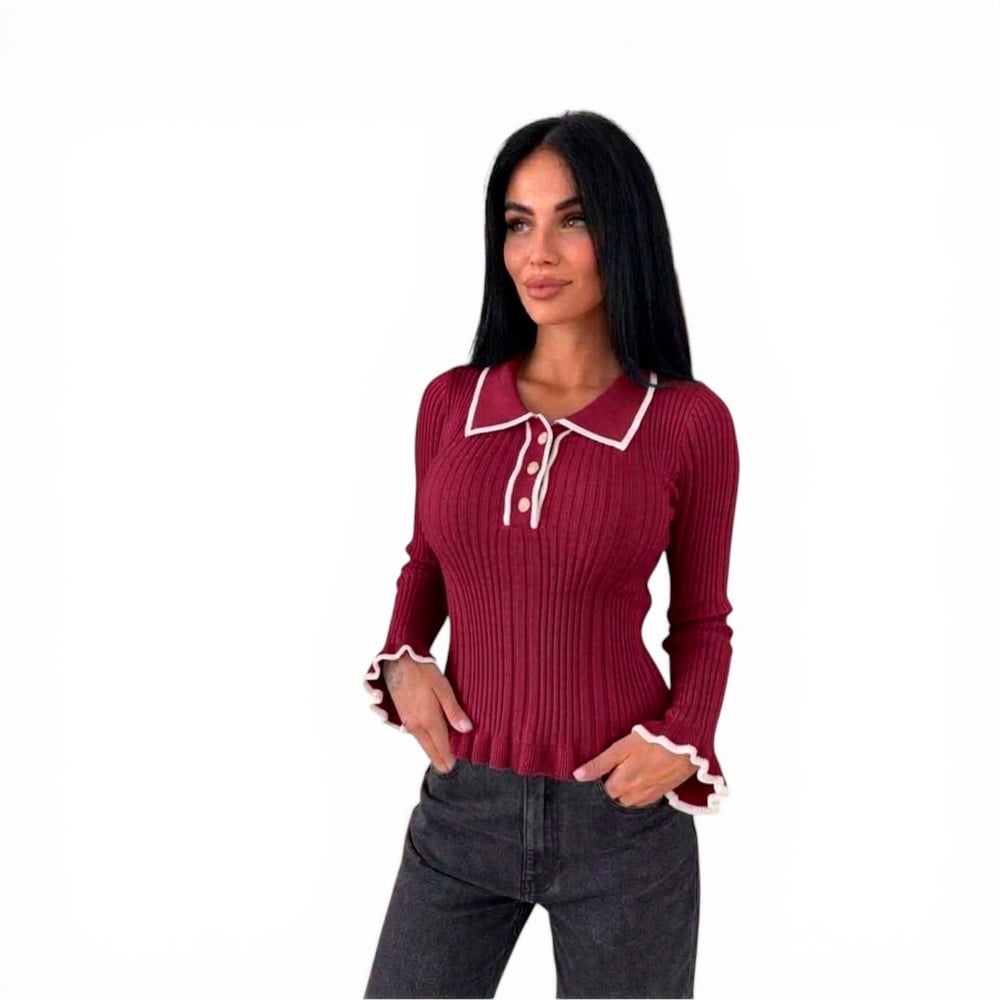 SUETER MUJER CAMISERO MANGA ONDAS BOTONES 359G-25 COLOR VINO - 1