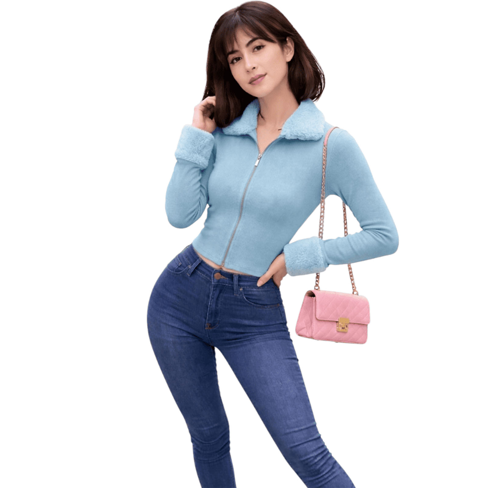 POLO MUJER PELUCHE DOBLE CIERRE RIB GRUESO CON PELUCHE TIC-18 COLOR CELESTE - 2