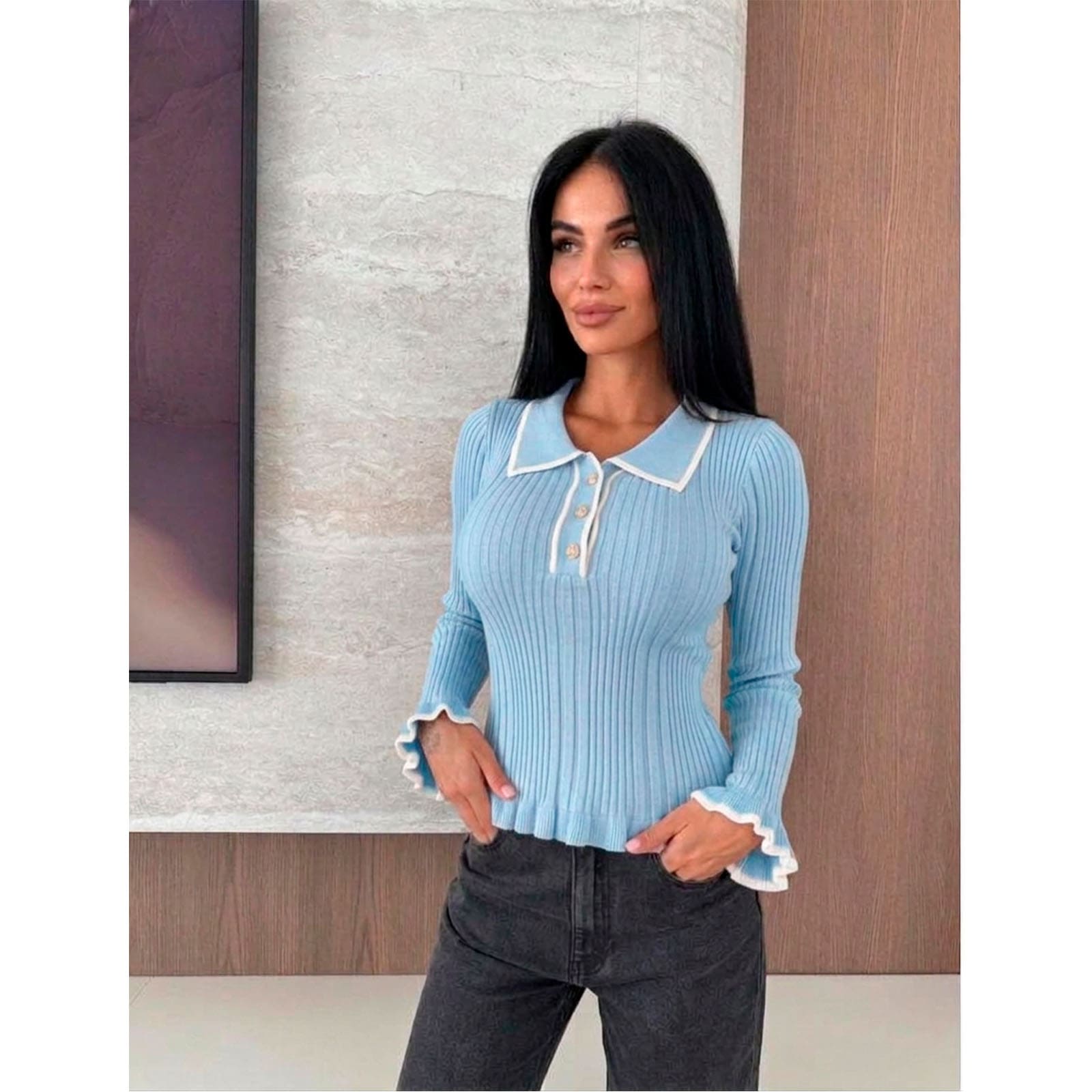 SUETER MUJER CAMISERO MANGA ONDAS BOTONES 359G-25 COLOR CELESTE - 2