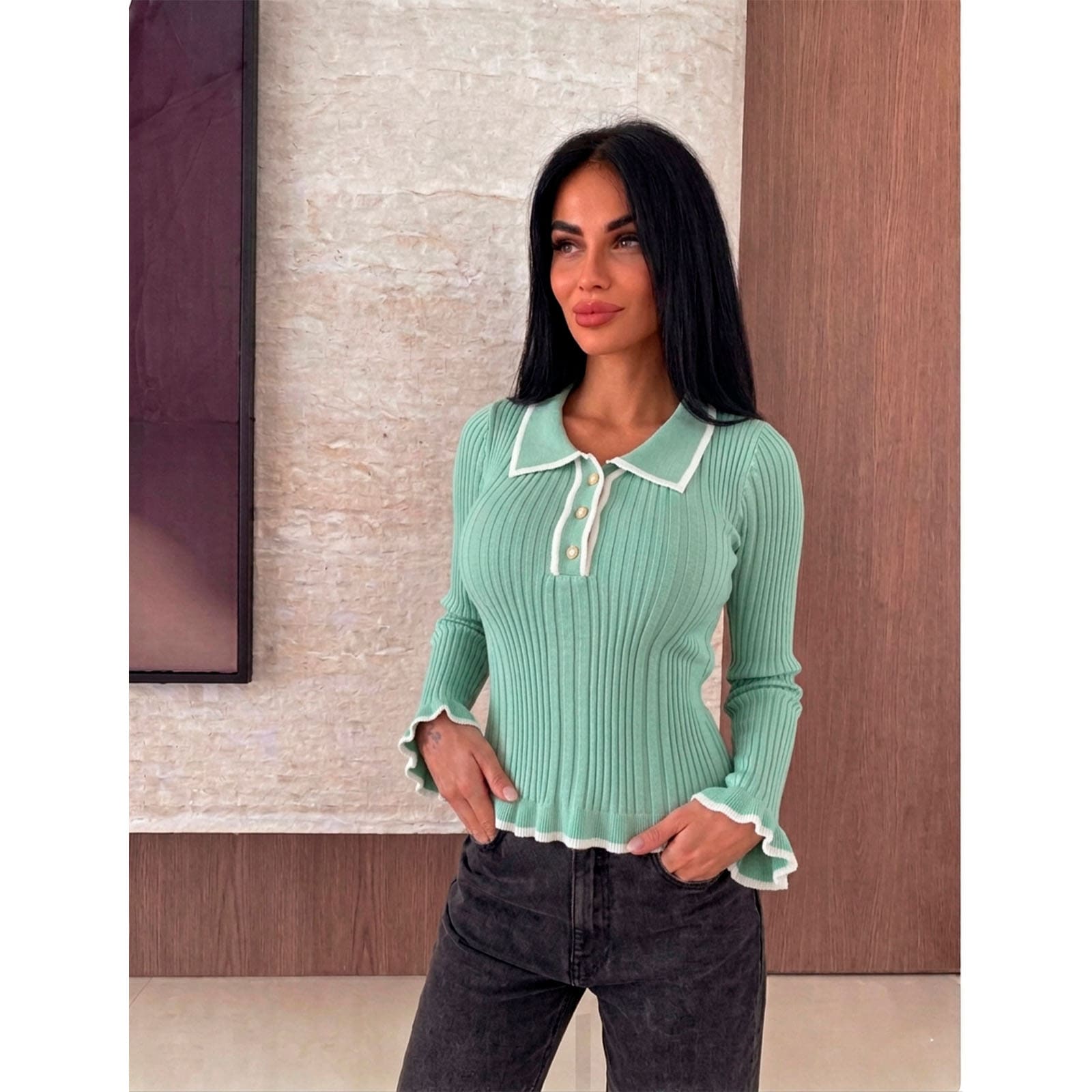SUETER MUJER CAMISERO MANGA ONDAS BOTONES 359G-25 COLOR MENTA - 2