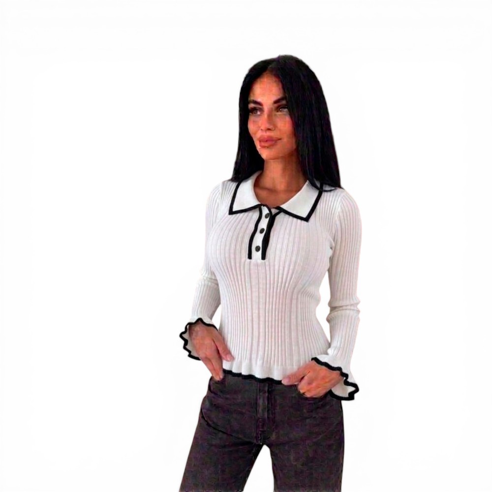 SUETER MUJER CAMISERO MANGA ONDAS BOTONES 359G-25 COLOR PERLA - 1