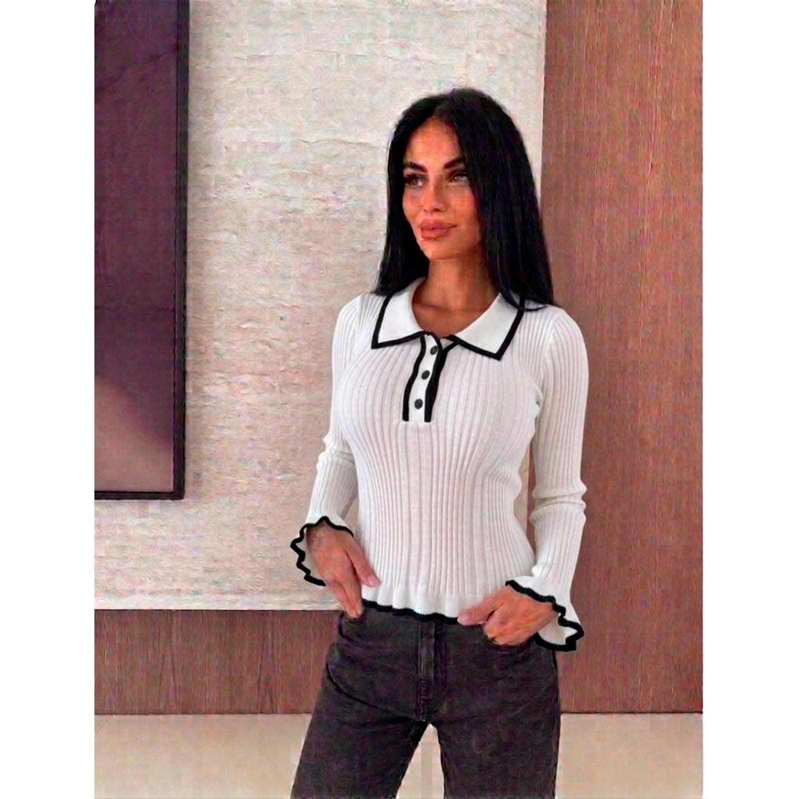 SUETER MUJER CAMISERO MANGA ONDAS BOTONES 359G-25 COLOR PERLA - 2
