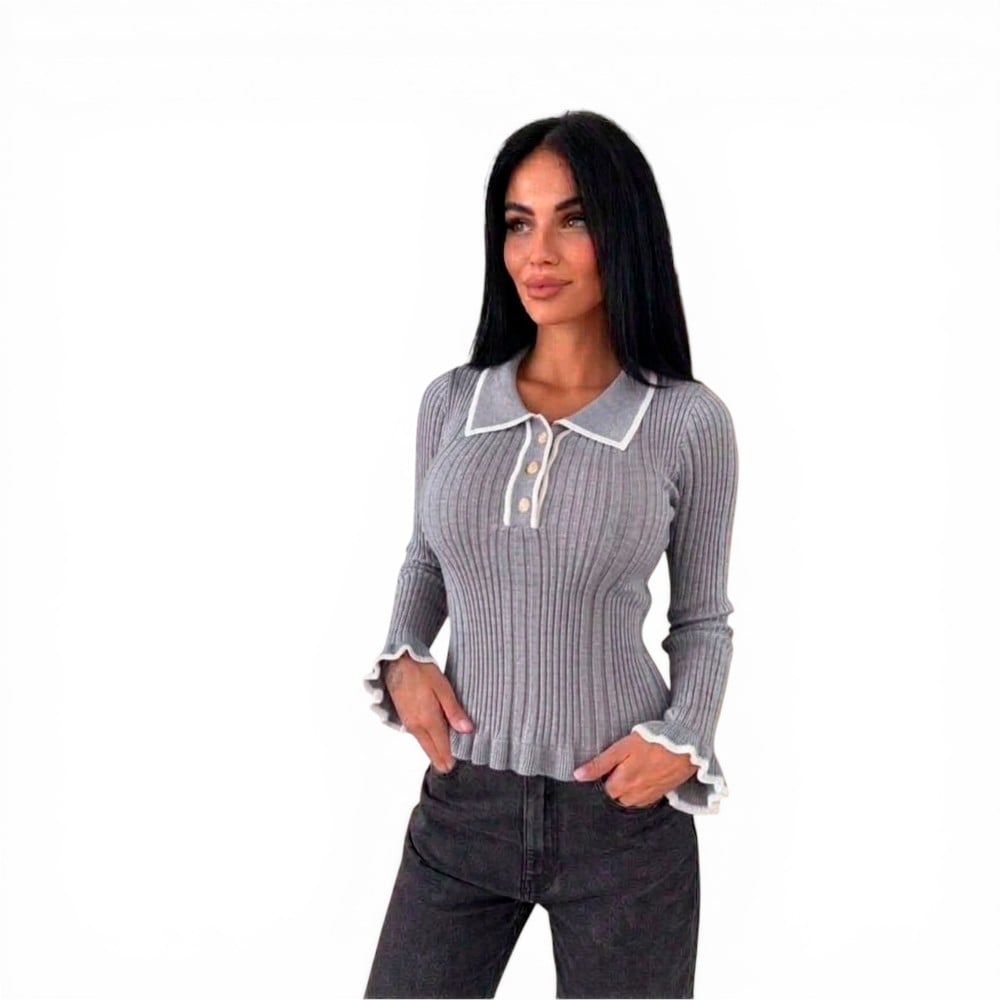 SUETER MUJER CAMISERO MANGA ONDAS BOTONES 359G-25 COLOR GRIS CLARO - 1