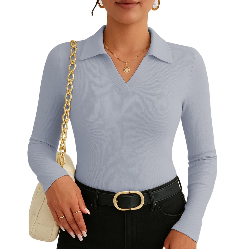 POLO MUJER CAMISERO MANGA LARGA ACA 716 FAB-19 RIB GRUESO COLOR PLOMO MELANGE - 1