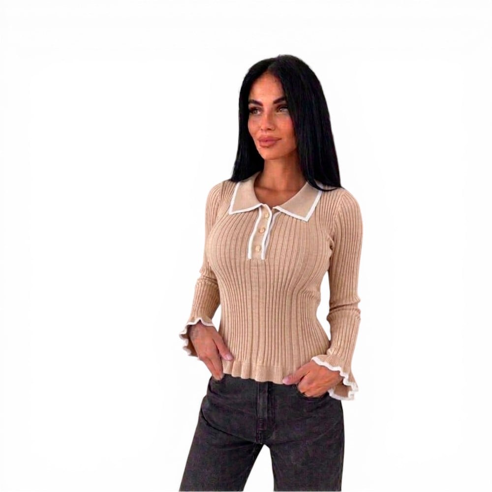 SUETER MUJER CAMISERO MANGA ONDAS BOTONES 359G-25 COLOR BEIGE - 1