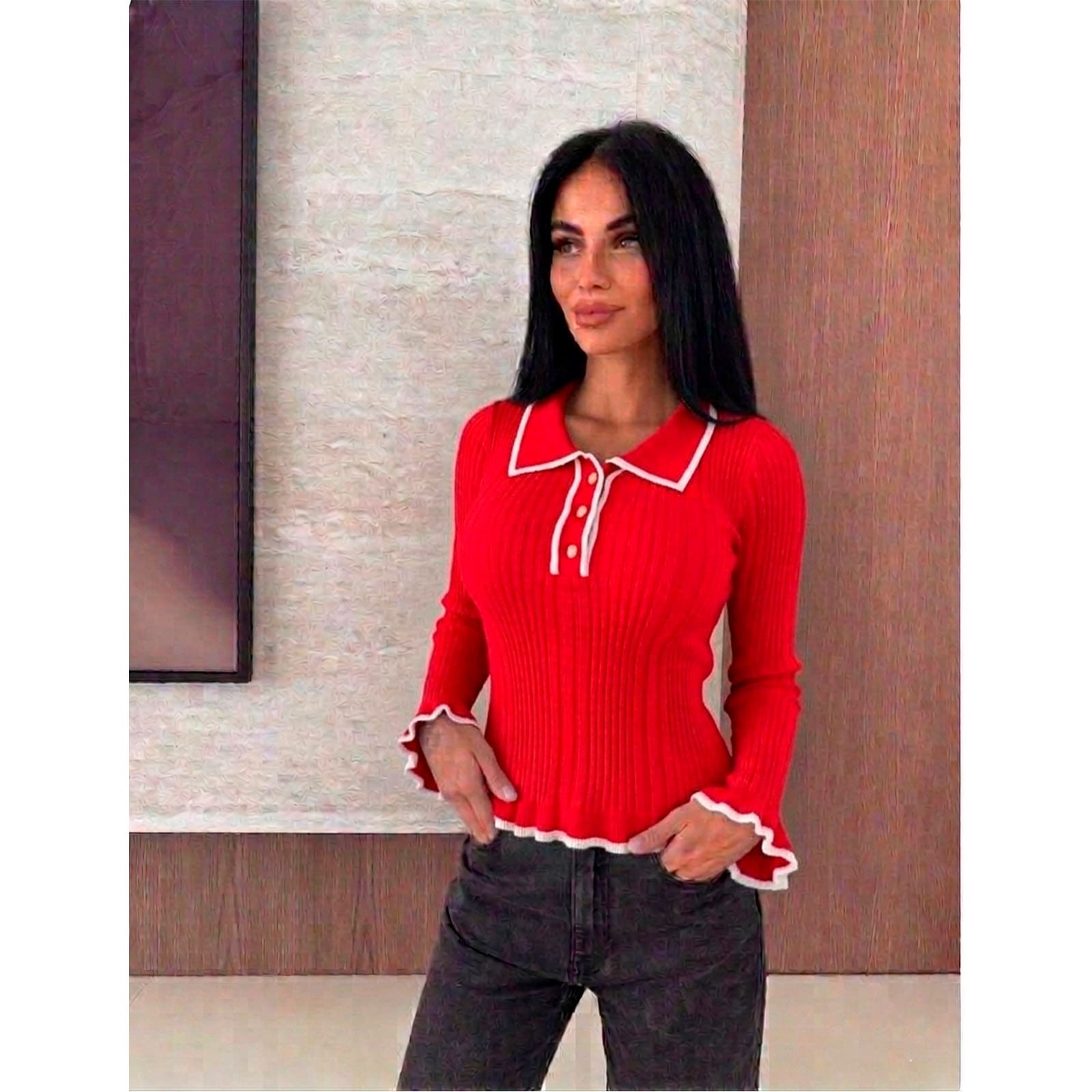 SUETER MUJER CAMISERO MANGA ONDAS BOTONES 359G-25 COLOR ROJO - 2