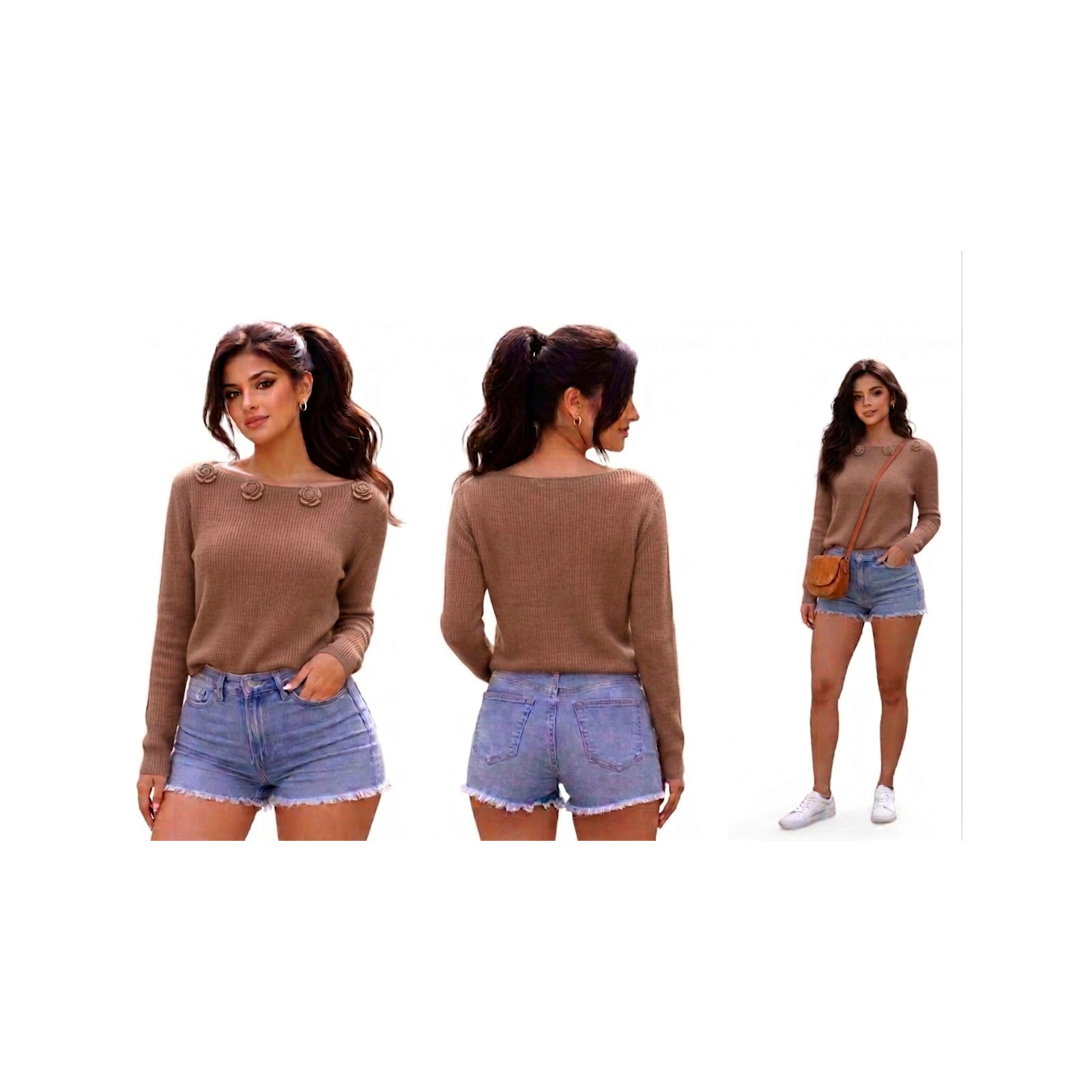 CHOMPA MUJER CASUAL M LARGA HILO ALGODON FOUR ROSAS 359G-32 COLOR BEIGE - 4