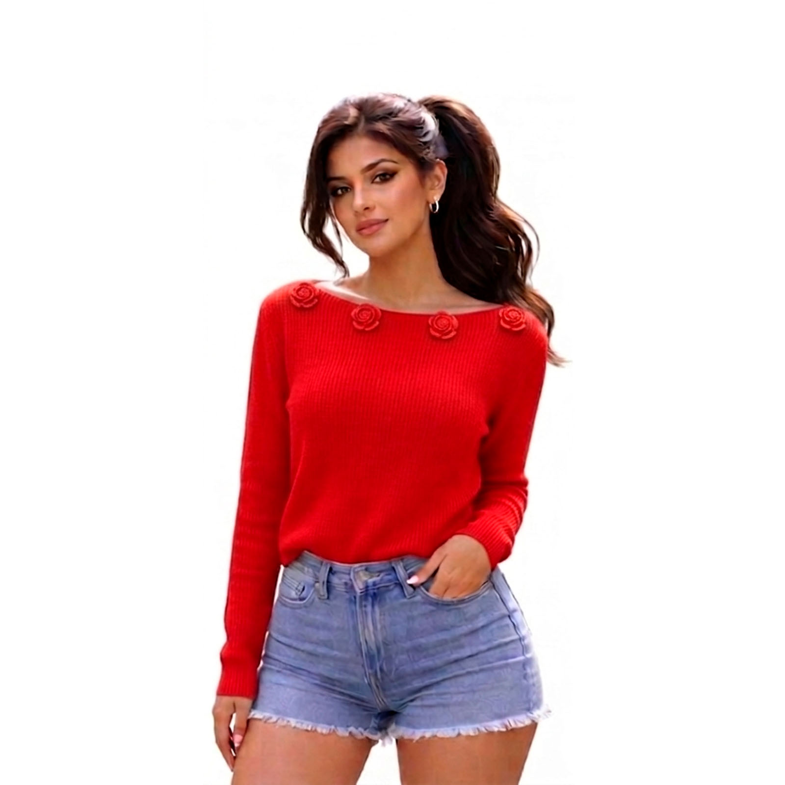 CHOMPA MUJER CASUAL M LARGA HILO ALGODON FOUR ROSAS 359G-32 COLOR ROJO - 1
