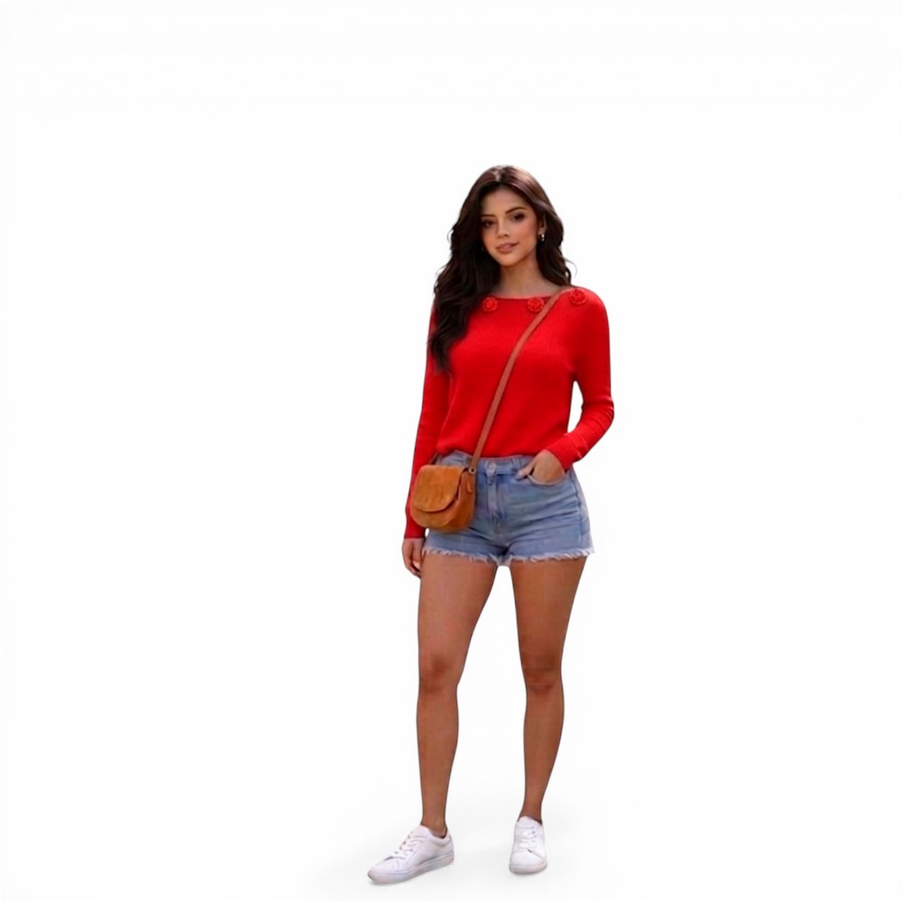 CHOMPA MUJER CASUAL M LARGA HILO ALGODON FOUR ROSAS 359G-32 COLOR ROJO - 3