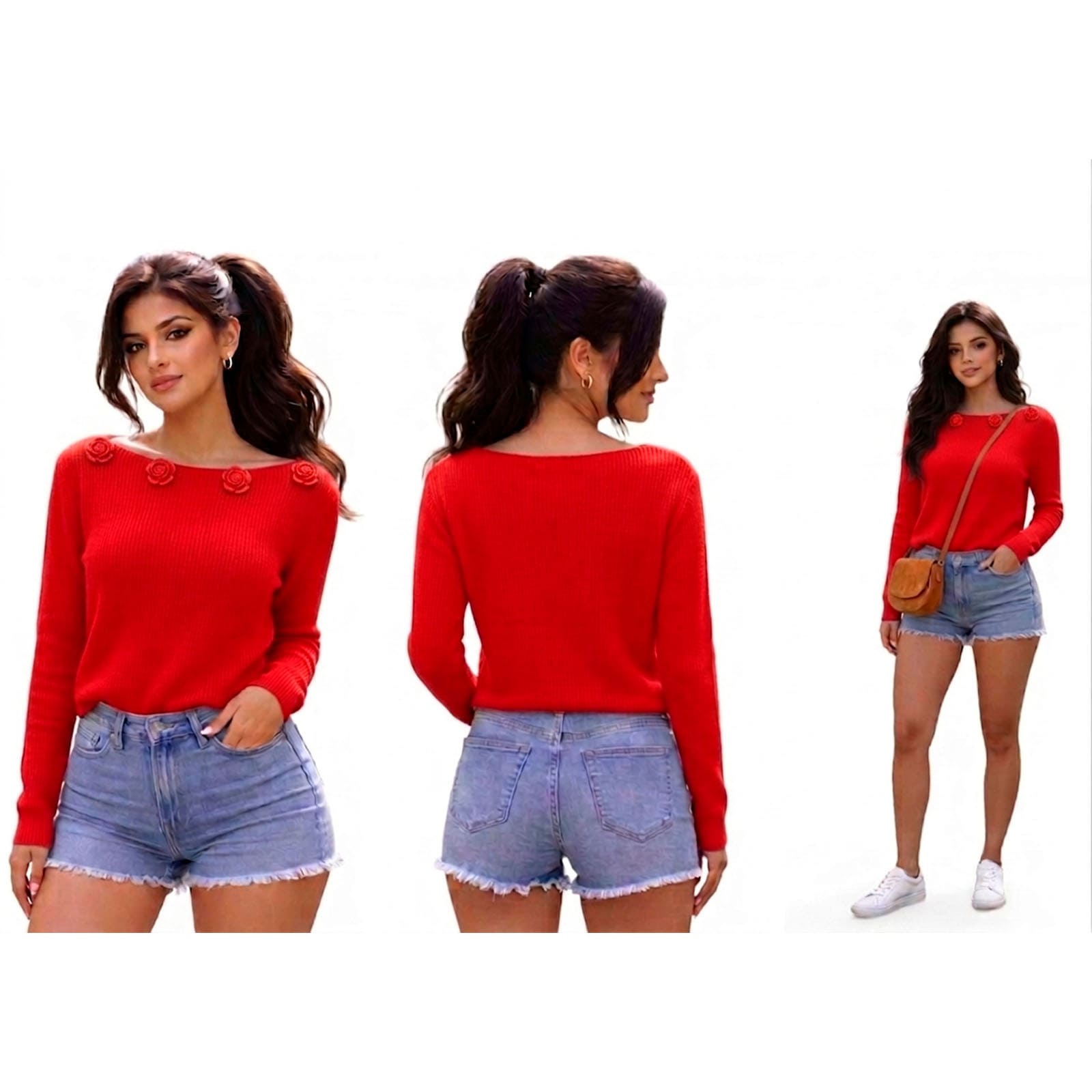 CHOMPA MUJER CASUAL M LARGA HILO ALGODON FOUR ROSAS 359G-32 COLOR ROJO - 4