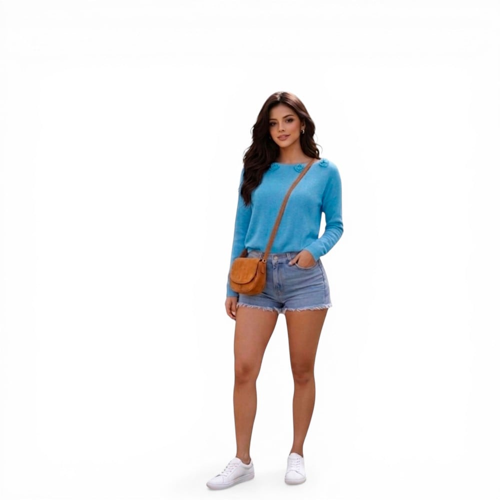 CHOMPA MUJER CASUAL M LARGA HILO ALGODON FOUR ROSAS 359G-32 COLOR CELESTE - 2