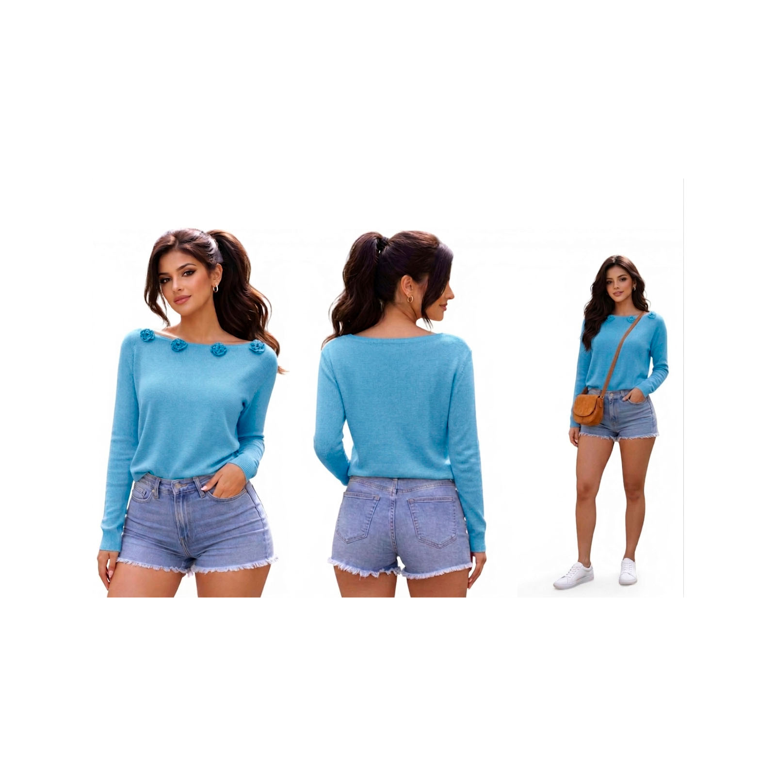 CHOMPA MUJER CASUAL M LARGA HILO ALGODON FOUR ROSAS 359G-32 COLOR CELESTE - 4
