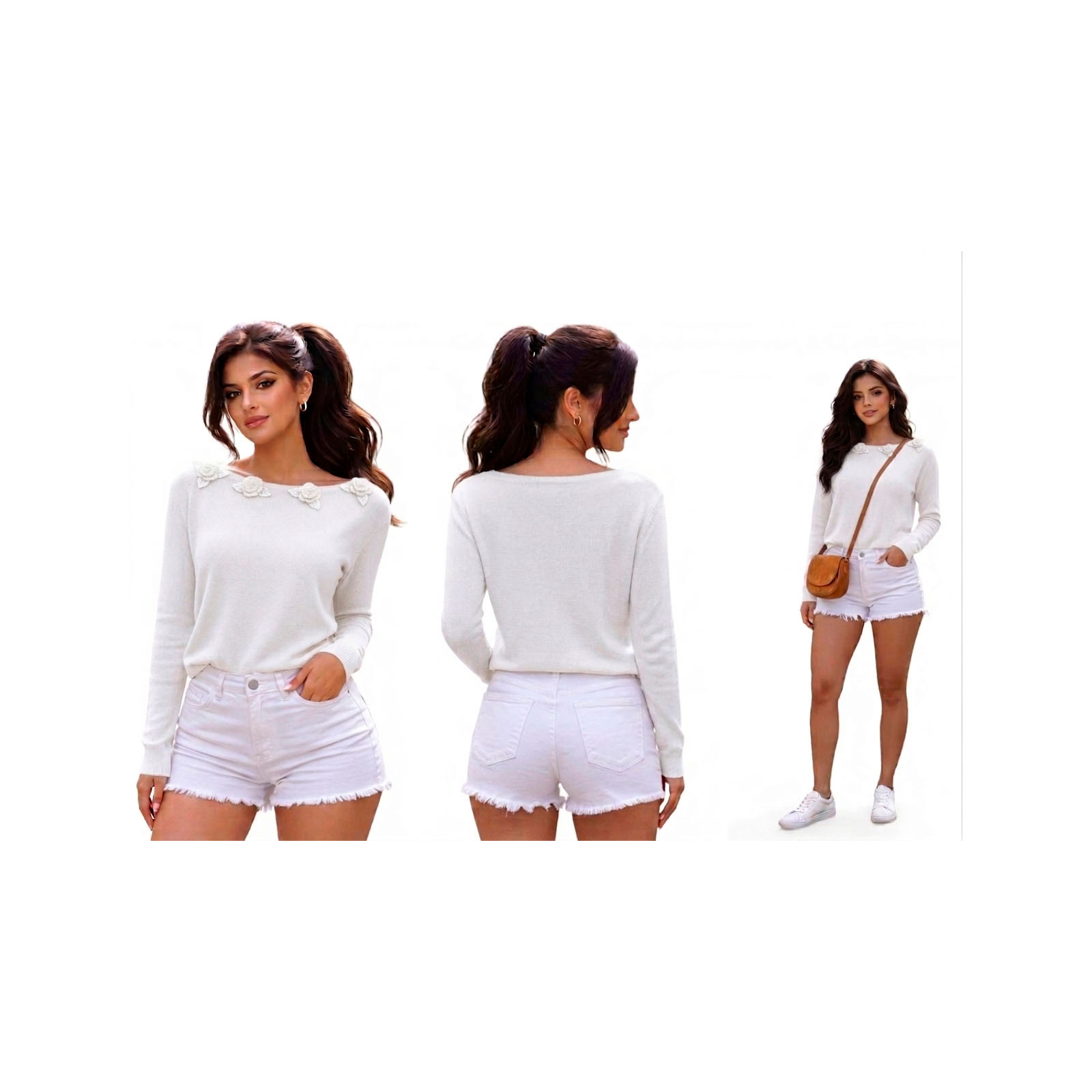 CHOMPA MUJER CASUAL M LARGA HILO ALGODON FOUR ROSAS 359G-32 COLOR PERLA - 4