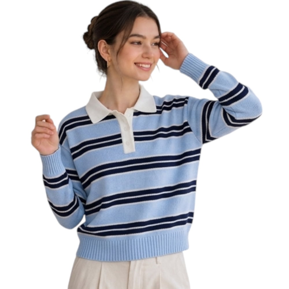CHOMPA CAMISERO MUJER ROSG-25 TRIPLE RAYA HILO TACTO ALGODON CELESTE RAYAS AZUL NOCHE - 1