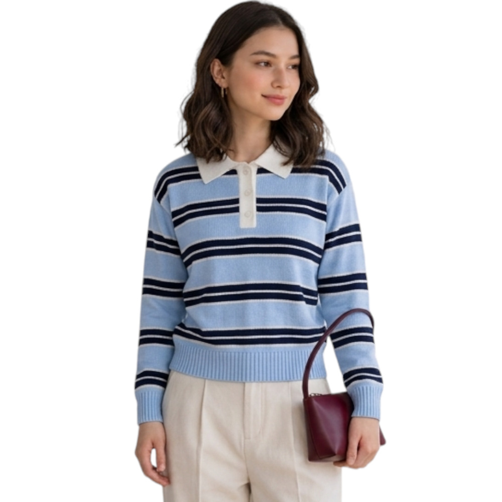 CHOMPA CAMISERO MUJER ROSG-25 TRIPLE RAYA HILO TACTO ALGODON CELESTE RAYAS AZUL NOCHE - 3