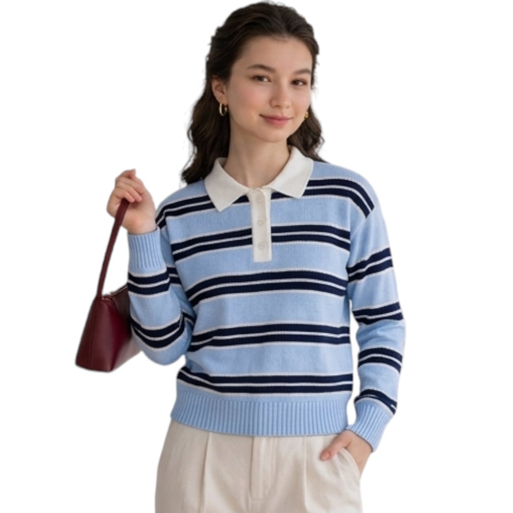 CHOMPA CAMISERO MUJER ROSG-25 TRIPLE RAYA HILO TACTO ALGODON CELESTE RAYAS AZUL NOCHE - 4