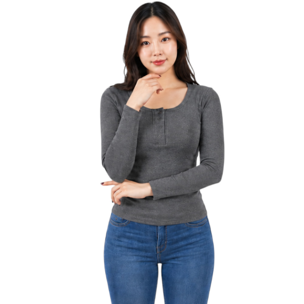 POLO MUJER 4 BOTONES MANGA LARGA SOT49FAB CRY-15 RIB GRUESO ALGODON COLOR PLOMO RATA - 3