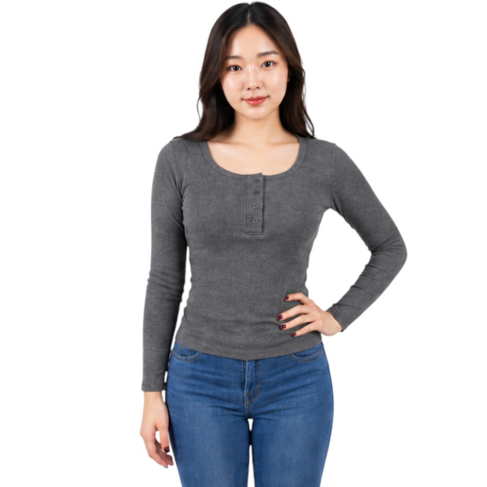 POLO MUJER 4 BOTONES MANGA LARGA SOT49FAB CRY-15 RIB GRUESO ALGODON COLOR PLOMO RATA - 4