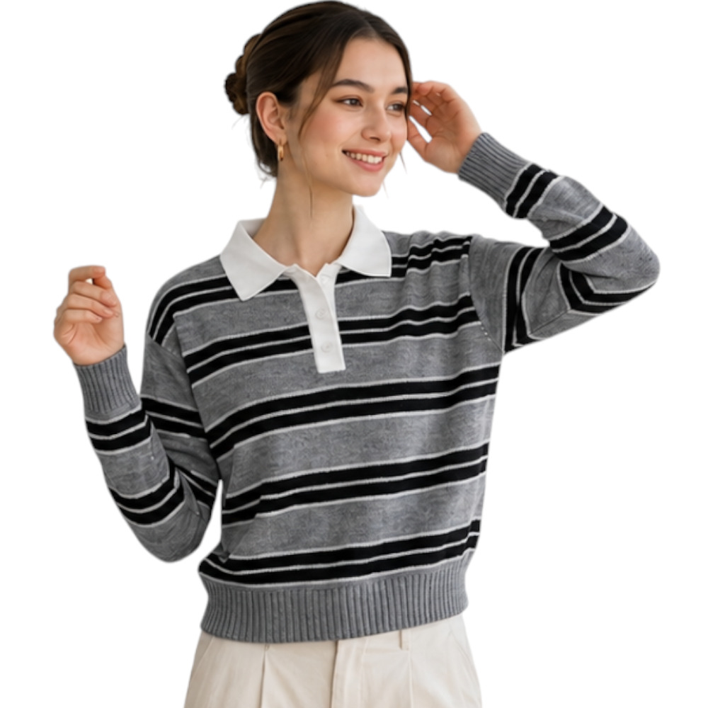 CHOMPA CAMISERO MUJER ROSG-25 TRIPLE RAYA HILO TACTO ALGODON PLOMO RAYAS NEGRAS - 1