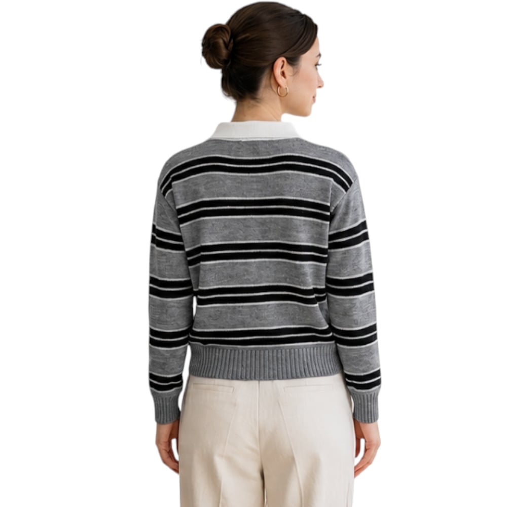 CHOMPA CAMISERO MUJER ROSG-25 TRIPLE RAYA HILO TACTO ALGODON PLOMO RAYAS NEGRAS - 2