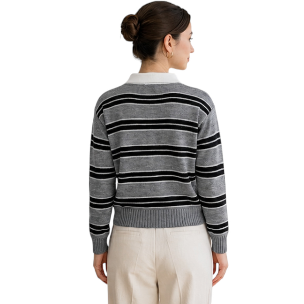 CHOMPA CAMISERO MUJER ROSG-25 TRIPLE RAYA HILO TACTO ALGODON PLOMO RAYAS NEGRAS - 2