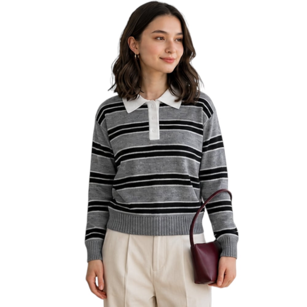 CHOMPA CAMISERO MUJER ROSG-25 TRIPLE RAYA HILO TACTO ALGODON PLOMO RAYAS NEGRAS - 3