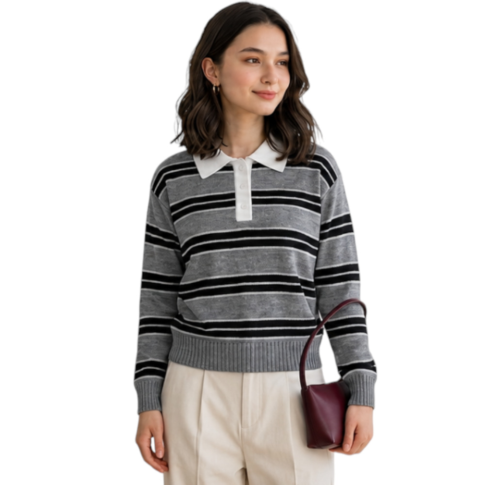 CHOMPA CAMISERO MUJER ROSG-25 TRIPLE RAYA HILO TACTO ALGODON PLOMO RAYAS NEGRAS - 3