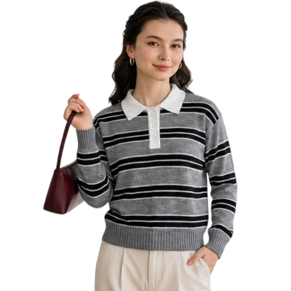 CHOMPA CAMISERO MUJER ROSG-25 TRIPLE RAYA HILO TACTO ALGODON PLOMO RAYAS NEGRAS - 4
