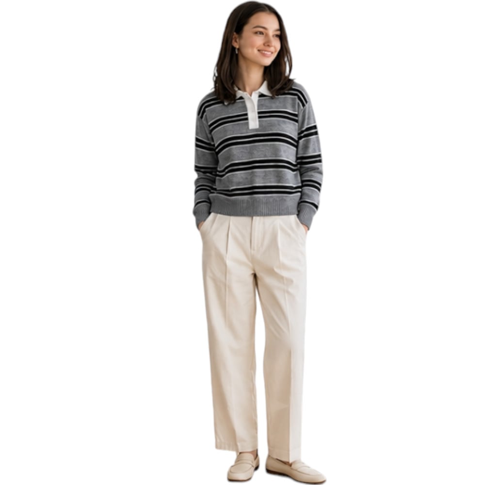 CHOMPA CAMISERO MUJER ROSG-25 TRIPLE RAYA HILO TACTO ALGODON PLOMO RAYAS NEGRAS - 5