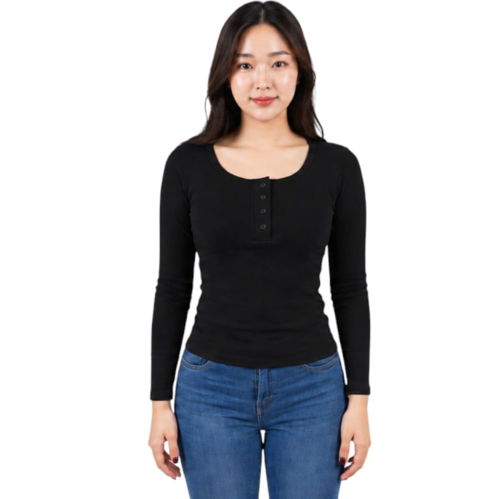 POLO MUJER 4 BOTONES MANGA LARGA SOT49FAB CRY-15 RIB GRUESO ALGODON COLOR NEGRO - 1