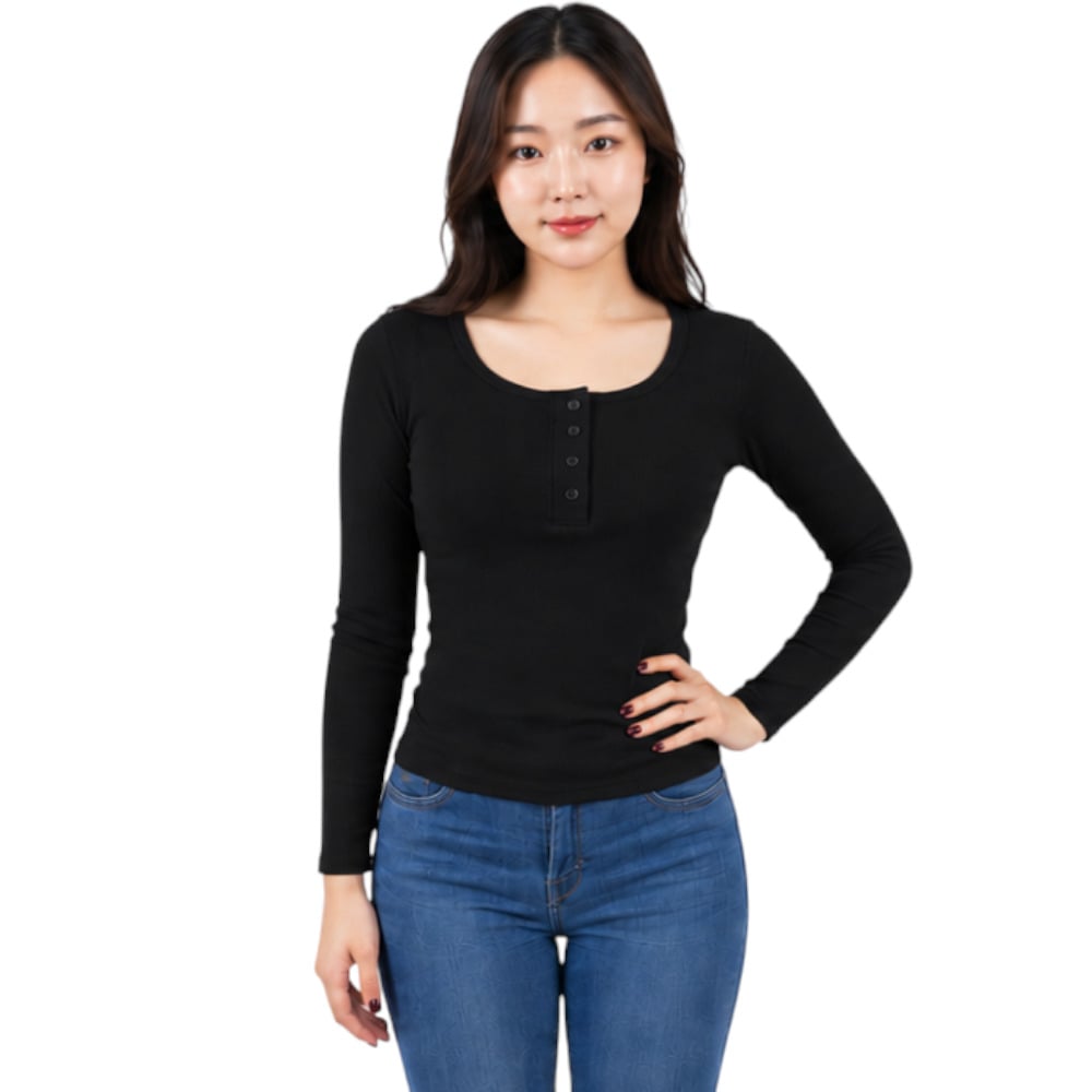 POLO MUJER 4 BOTONES MANGA LARGA SOT49FAB CRY-15 RIB GRUESO ALGODON COLOR NEGRO - 4