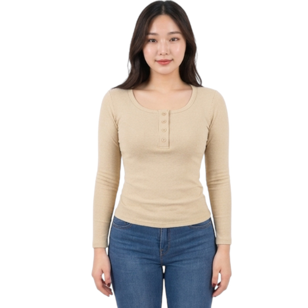 POLO MUJER 4 BOTONES MANGA LARGA SOT49FAB CRY-15 RIB GRUESO ALGODON COLOR BEIGE - 1