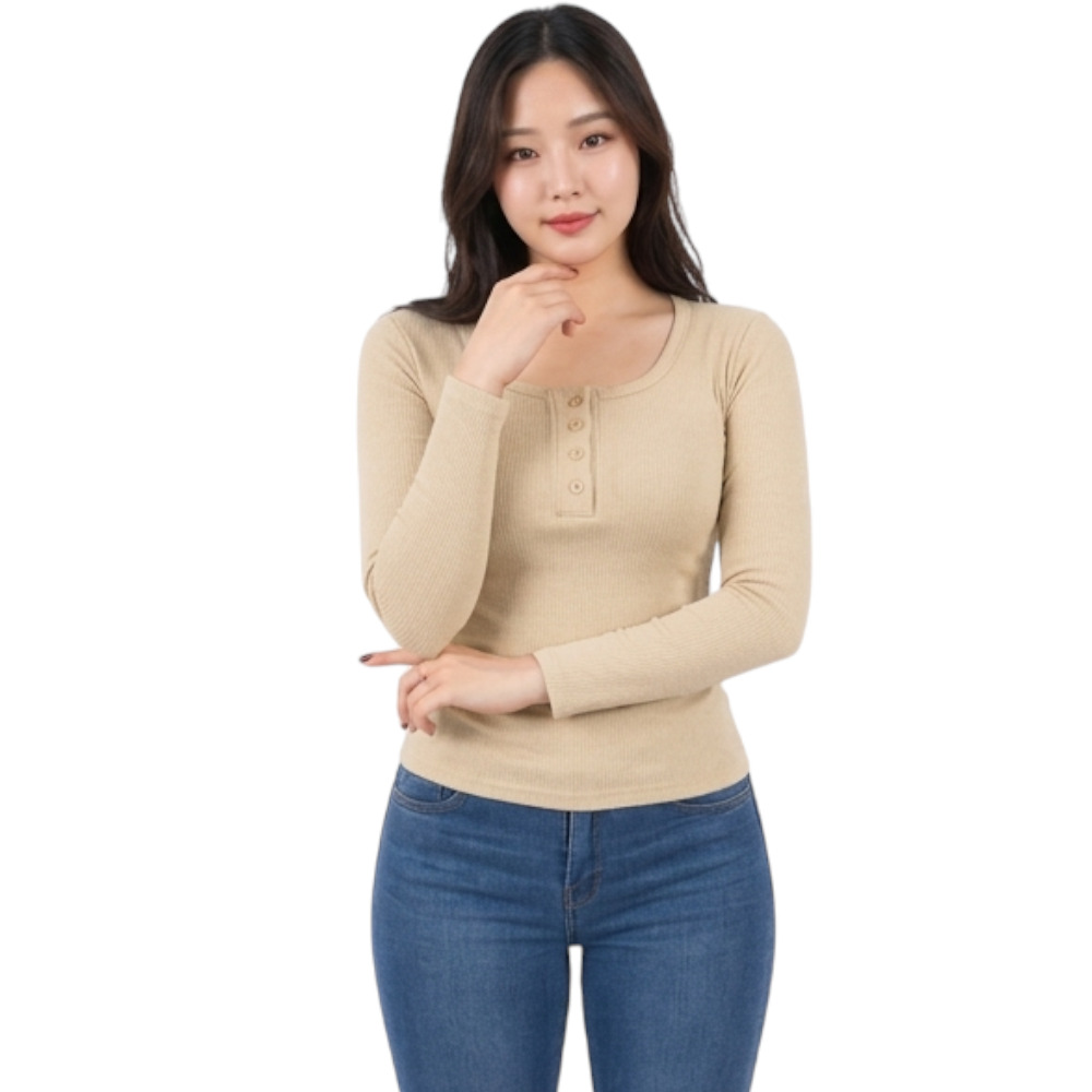 POLO MUJER 4 BOTONES MANGA LARGA SOT49FAB CRY-15 RIB GRUESO ALGODON COLOR BEIGE - 2