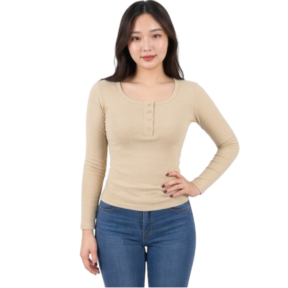 POLO MUJER 4 BOTONES MANGA LARGA SOT49FAB CRY-15 RIB GRUESO ALGODON COLOR BEIGE - 3