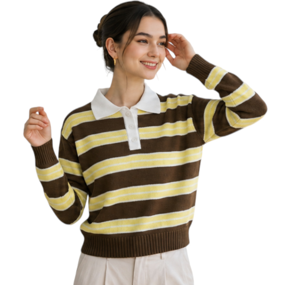 CHOMPA CAMISERO MUJER ROSG-25 TRIPLE RAYA HILO TACTO ALGODON CHOCOLATE RAYAS AMARILLAS - 1