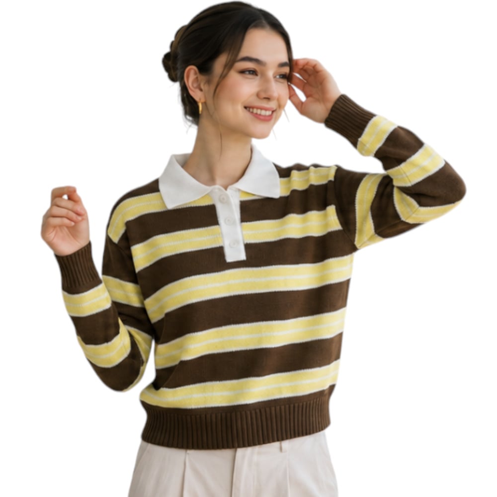 CHOMPA CAMISERO MUJER ROSG-25 TRIPLE RAYA HILO TACTO ALGODON CHOCOLATE RAYAS AMARILLAS - 1