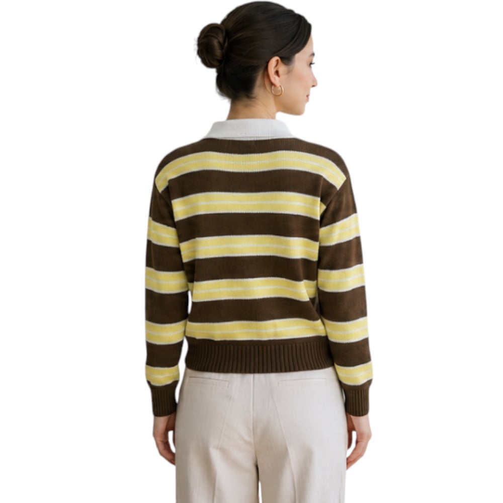 CHOMPA CAMISERO MUJER ROSG-25 TRIPLE RAYA HILO TACTO ALGODON CHOCOLATE RAYAS AMARILLAS - 2
