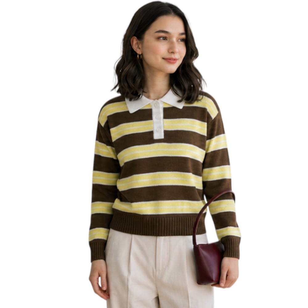 CHOMPA CAMISERO MUJER ROSG-25 TRIPLE RAYA HILO TACTO ALGODON CHOCOLATE RAYAS AMARILLAS - 3
