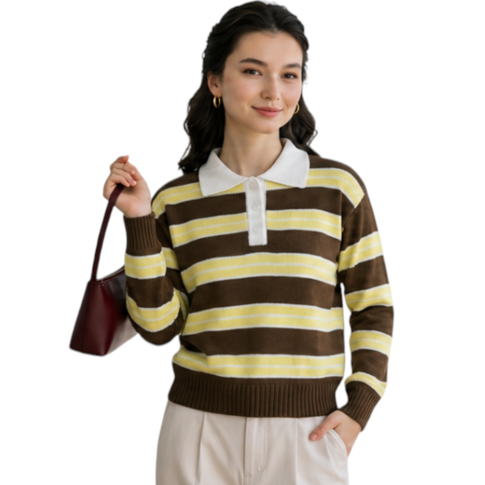 CHOMPA CAMISERO MUJER ROSG-25 TRIPLE RAYA HILO TACTO ALGODON CHOCOLATE RAYAS AMARILLAS - 4