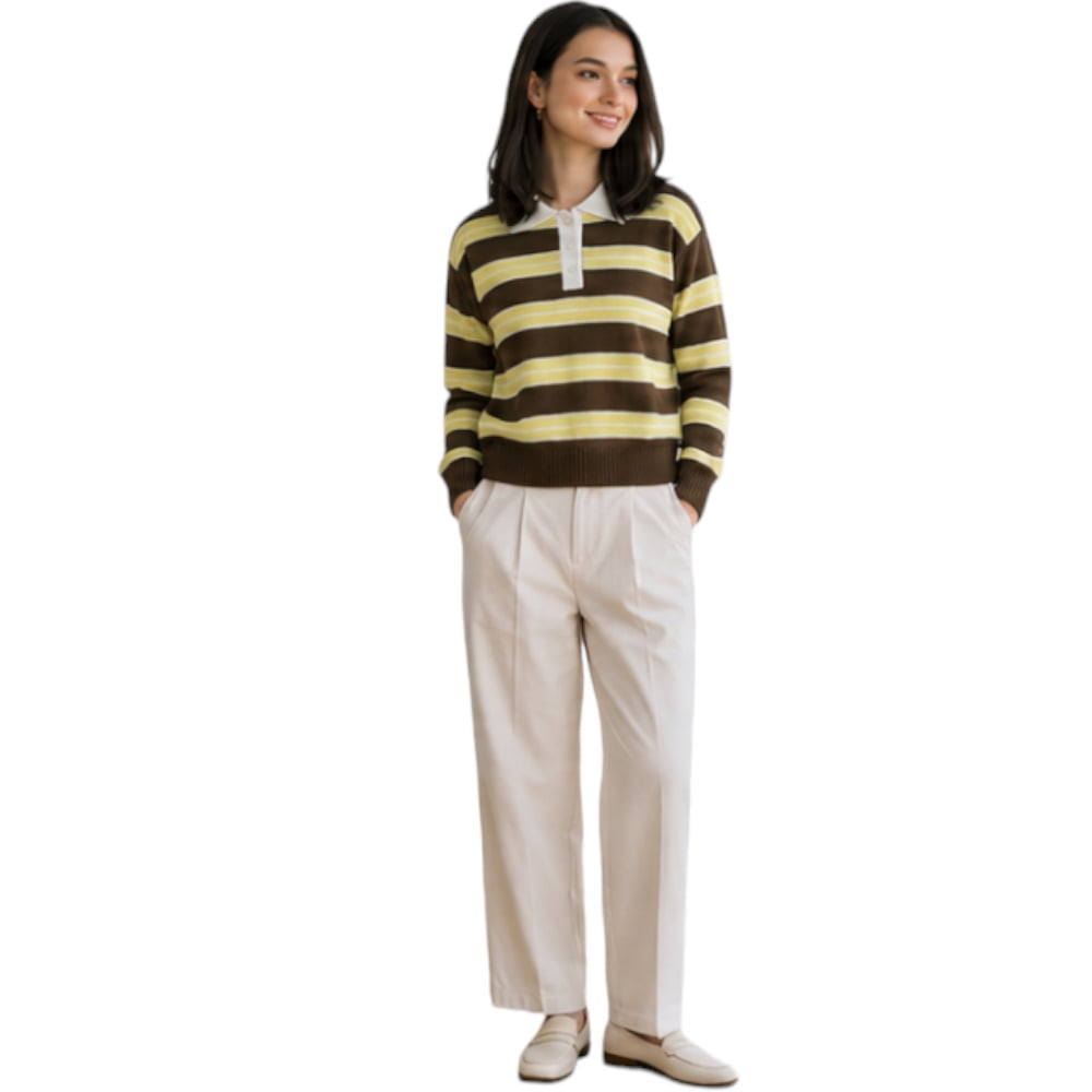 CHOMPA CAMISERO MUJER ROSG-25 TRIPLE RAYA HILO TACTO ALGODON CHOCOLATE RAYAS AMARILLAS - 5
