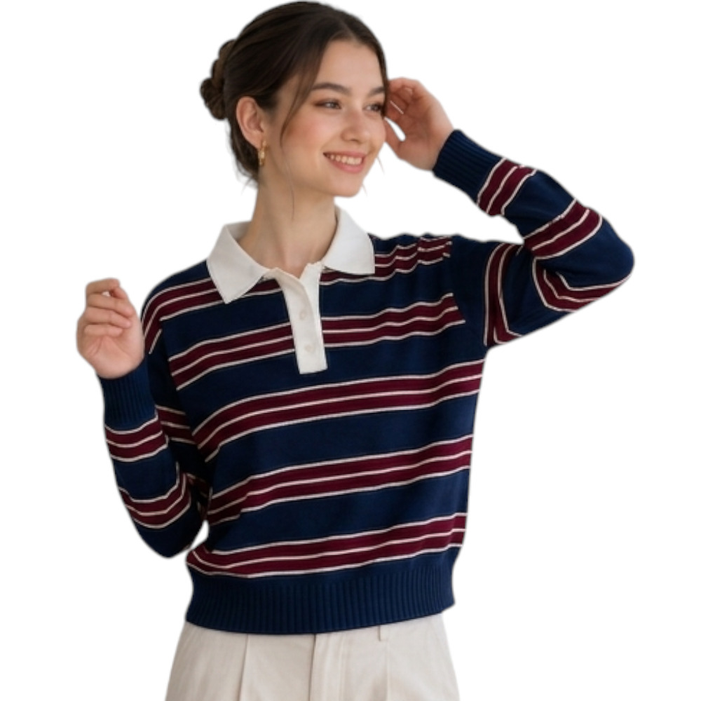 CHOMPA CAMISERO MUJER ROSG-25 TRIPLE RAYA HILO TACTO ALGODON AZUL NOCHE RAYAS VINO - 1