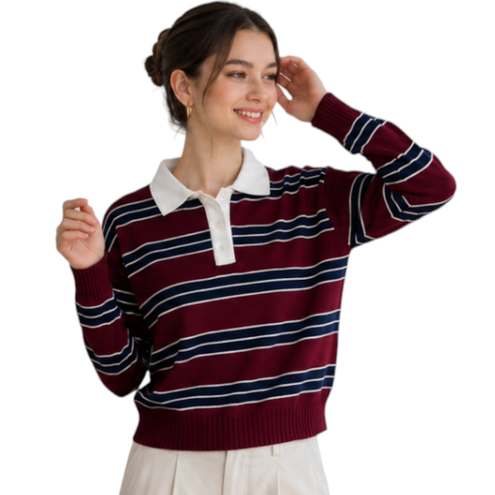 CHOMPA CAMISERO MUJER ROSG-25 TRIPLE RAYA HILO TACTO ALGODON VINO RAYAS AZUL NOCHE - 1