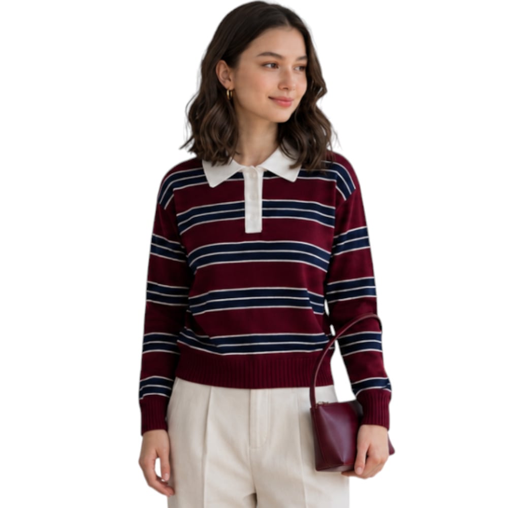 CHOMPA CAMISERO MUJER ROSG-25 TRIPLE RAYA HILO TACTO ALGODON VINO RAYAS AZUL NOCHE - 4