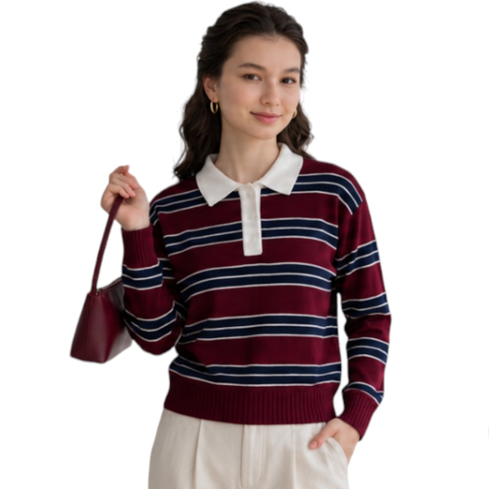 CHOMPA CAMISERO MUJER ROSG-25 TRIPLE RAYA HILO TACTO ALGODON VINO RAYAS AZUL NOCHE - 5