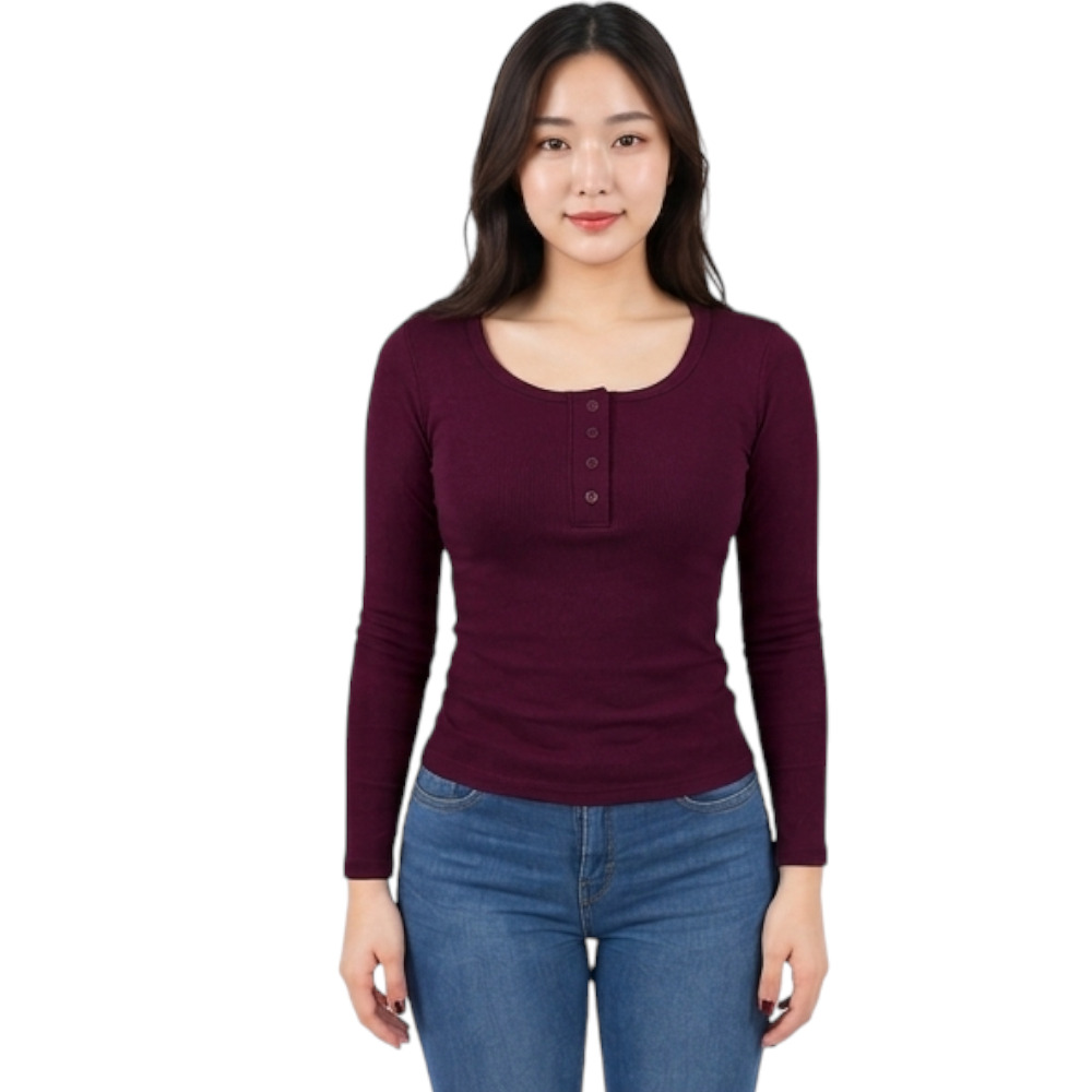 POLO MUJER 4 BOTONES MANGA LARGA SOT49FAB CRY-15 RIB GRUESO ALGODON COLOR BORGOÑA - 1