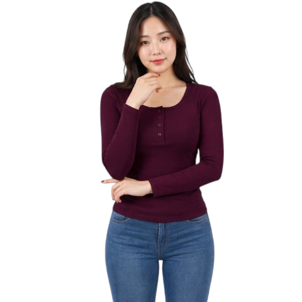 POLO MUJER 4 BOTONES MANGA LARGA SOT49FAB CRY-15 RIB GRUESO ALGODON COLOR BORGOÑA - 3