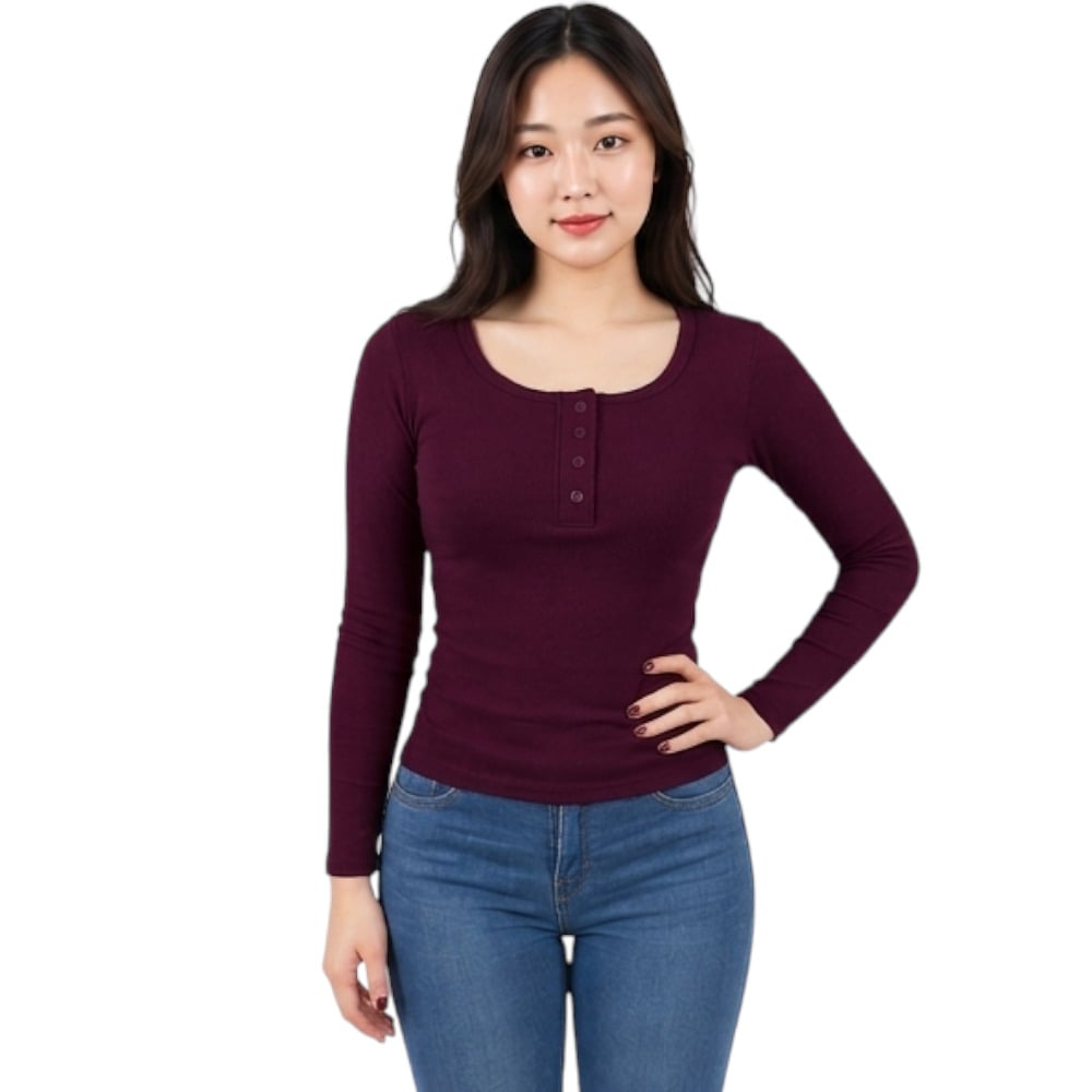 POLO MUJER 4 BOTONES MANGA LARGA SOT49FAB CRY-15 RIB GRUESO ALGODON COLOR BORGOÑA - 4
