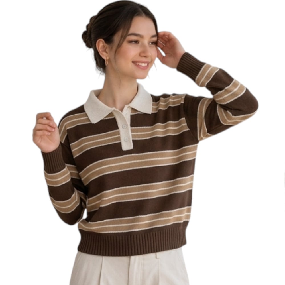 CHOMPA CAMISERO MUJER ROSG-25 TRIPLE RAYA HILO TACTO ALGODON CHOCOLATE RAYAS CARTON - 1