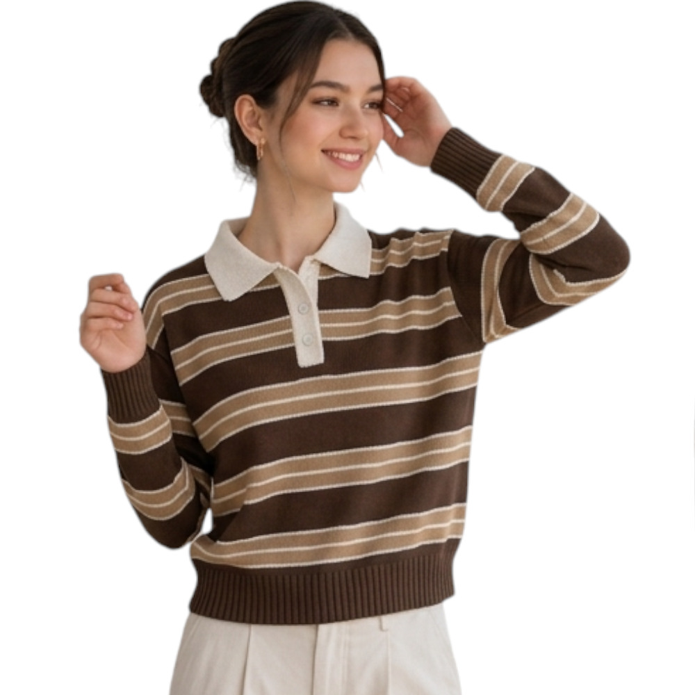 CHOMPA CAMISERO MUJER ROSG-25 TRIPLE RAYA HILO TACTO ALGODON CHOCOLATE RAYAS CARTON - 1