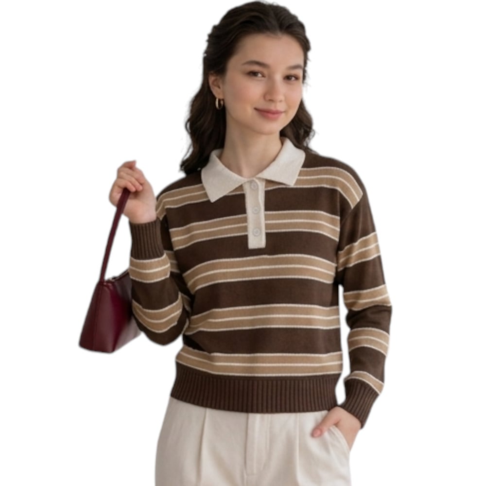 CHOMPA CAMISERO MUJER ROSG-25 TRIPLE RAYA HILO TACTO ALGODON CHOCOLATE RAYAS CARTON - 4